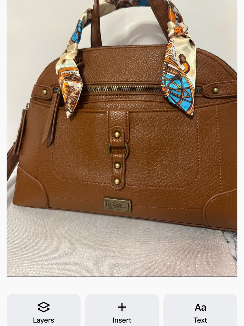 White Mountain Brown Crossbody Satchel with printed scarf - Picture 1 of 8